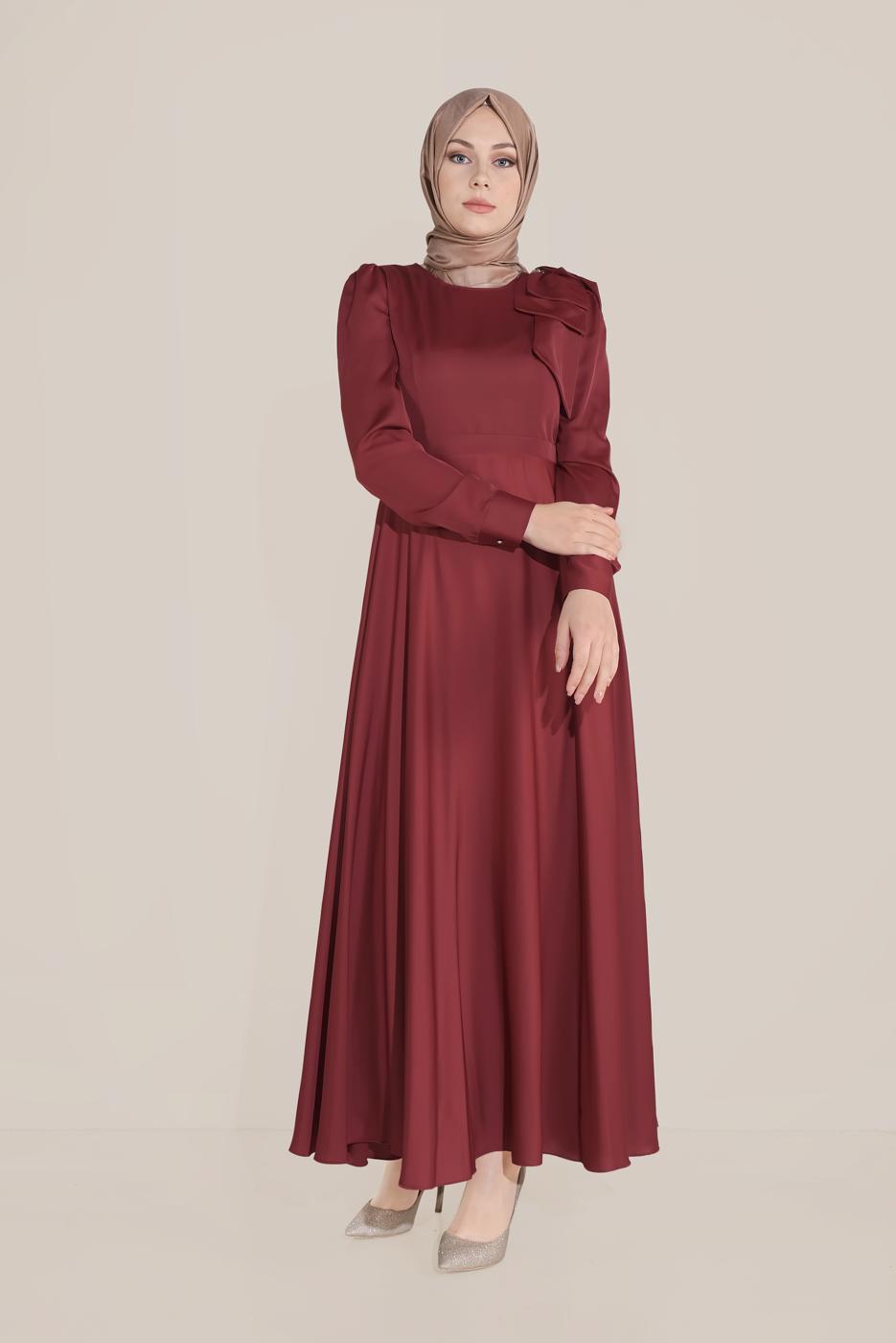 Tesettür giyim KIRMIZI ALVİNA FİYONK DETAYLI ELBİSE 40735