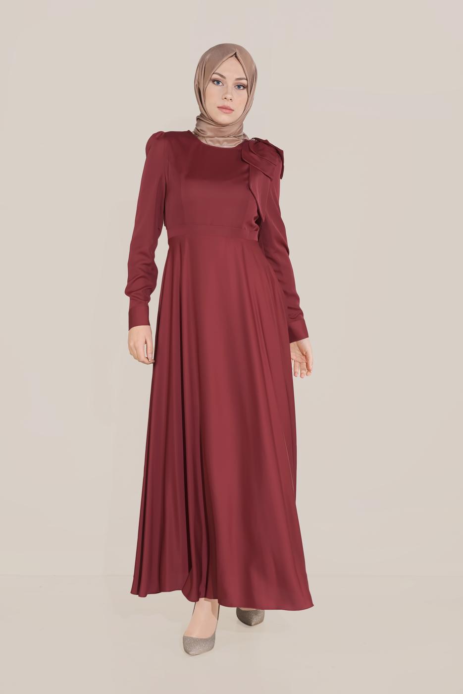 Tesettür giyim KIRMIZI ALVİNA FİYONK DETAYLI ELBİSE 40735