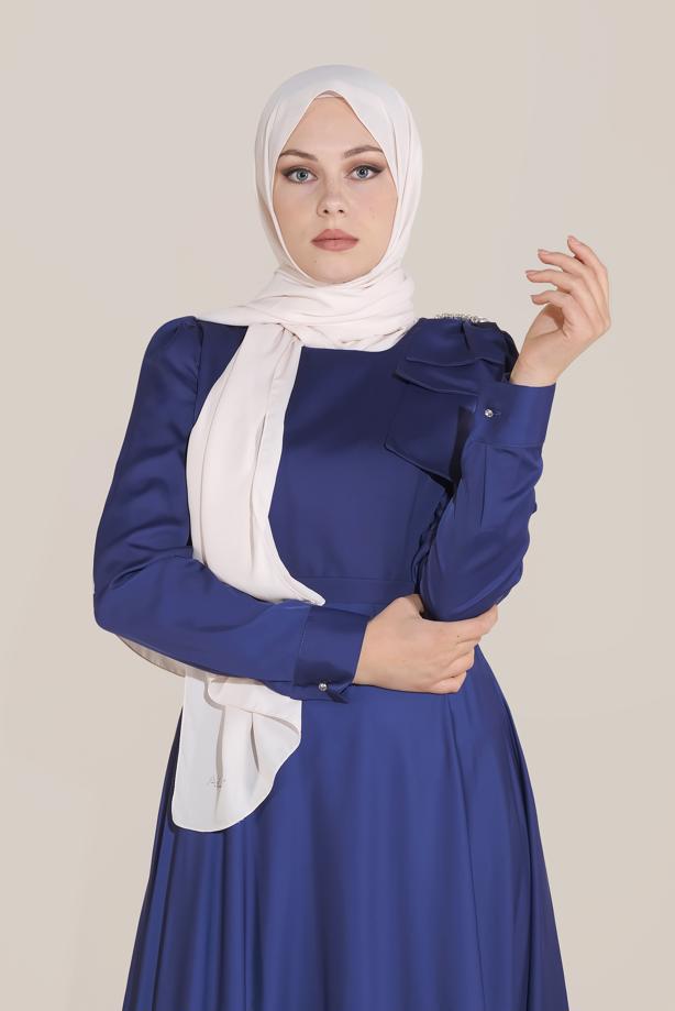 Tesettür giyim LACİVERT ALVİNA FİYONK DETAYLI ELBİSE 40735 - TRENDTESETTÜR