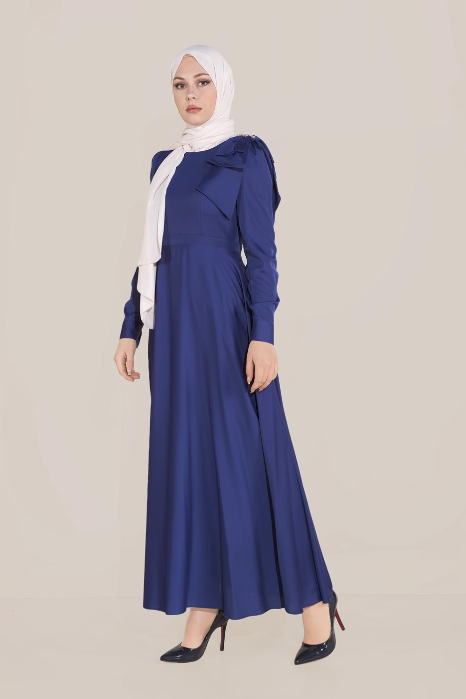 Tesettür giyim LACİVERT ALVİNA FİYONK DETAYLI ELBİSE 40735