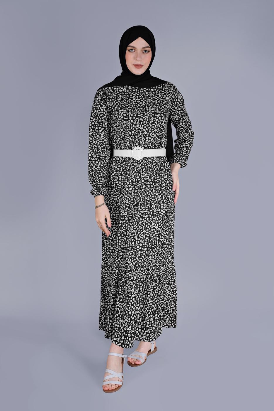 Tesettür giyim SİYAH KÜÇÜK ÇİÇEKLİ ETEK UCU VOLANLI ELBİSE 4076 