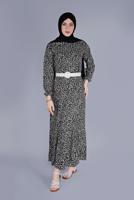 Tesettür giyim SİYAH KÜÇÜK ÇİÇEKLİ ETEK UCU VOLANLI ELBİSE 4076 