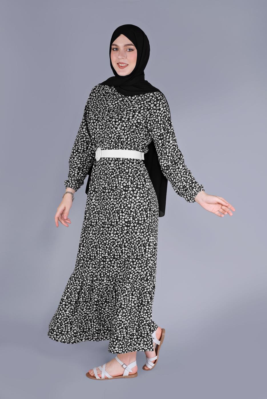 Tesettür giyim SİYAH KÜÇÜK ÇİÇEKLİ ETEK UCU VOLANLI ELBİSE 4076 
