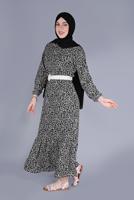 Tesettür giyim SİYAH KÜÇÜK ÇİÇEKLİ ETEK UCU VOLANLI ELBİSE 4076 