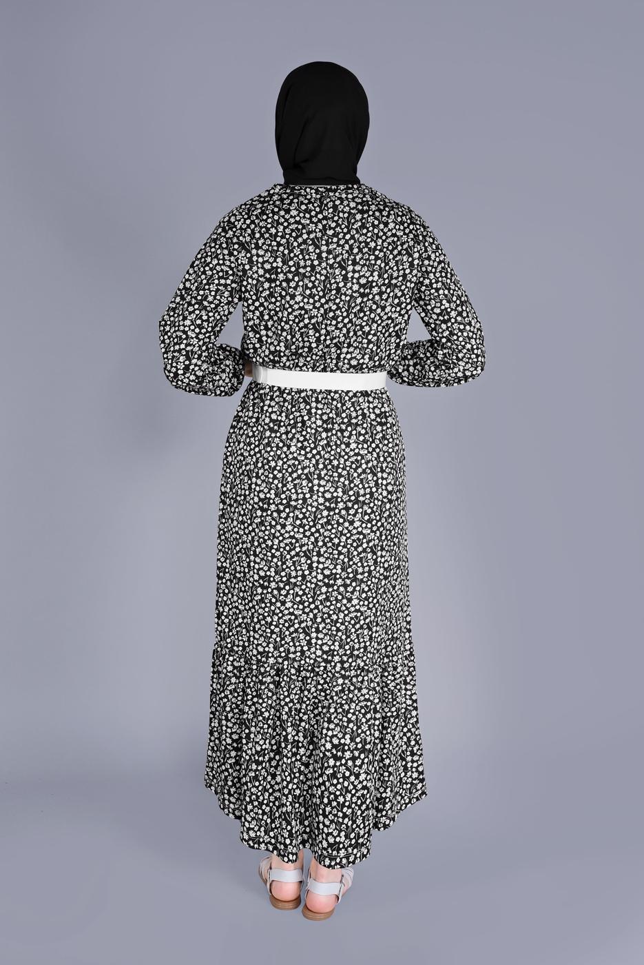 Tesettür giyim SİYAH KÜÇÜK ÇİÇEKLİ ETEK UCU VOLANLI ELBİSE 4076 