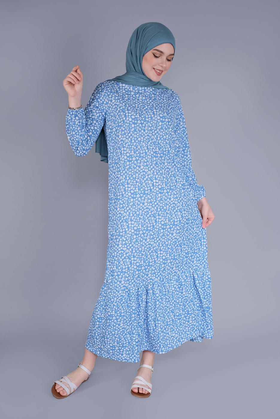 Tesettür giyim MAVİ KÜÇÜK ÇİÇEKLİ ETEK UCU VOLANLI ELBİSE 4076 