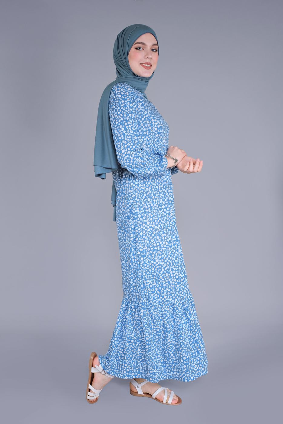 Tesettür giyim MAVİ KÜÇÜK ÇİÇEKLİ ETEK UCU VOLANLI ELBİSE 4076 