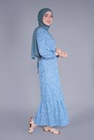 Tesettür giyim MAVİ KÜÇÜK ÇİÇEKLİ ETEK UCU VOLANLI ELBİSE 4076 