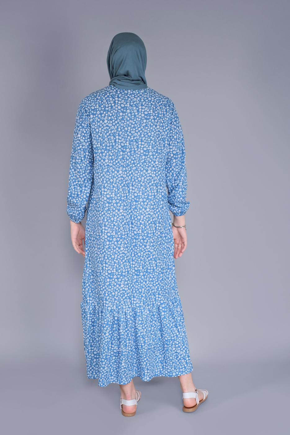Tesettür giyim MAVİ KÜÇÜK ÇİÇEKLİ ETEK UCU VOLANLI ELBİSE 4076 