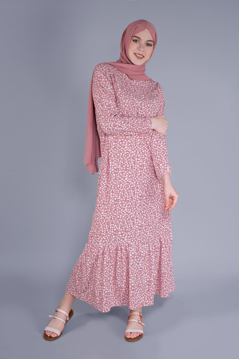 Tesettür giyim PUDRA KÜÇÜK ÇİÇEKLİ ETEK UCU VOLANLI ELBİSE 4076 