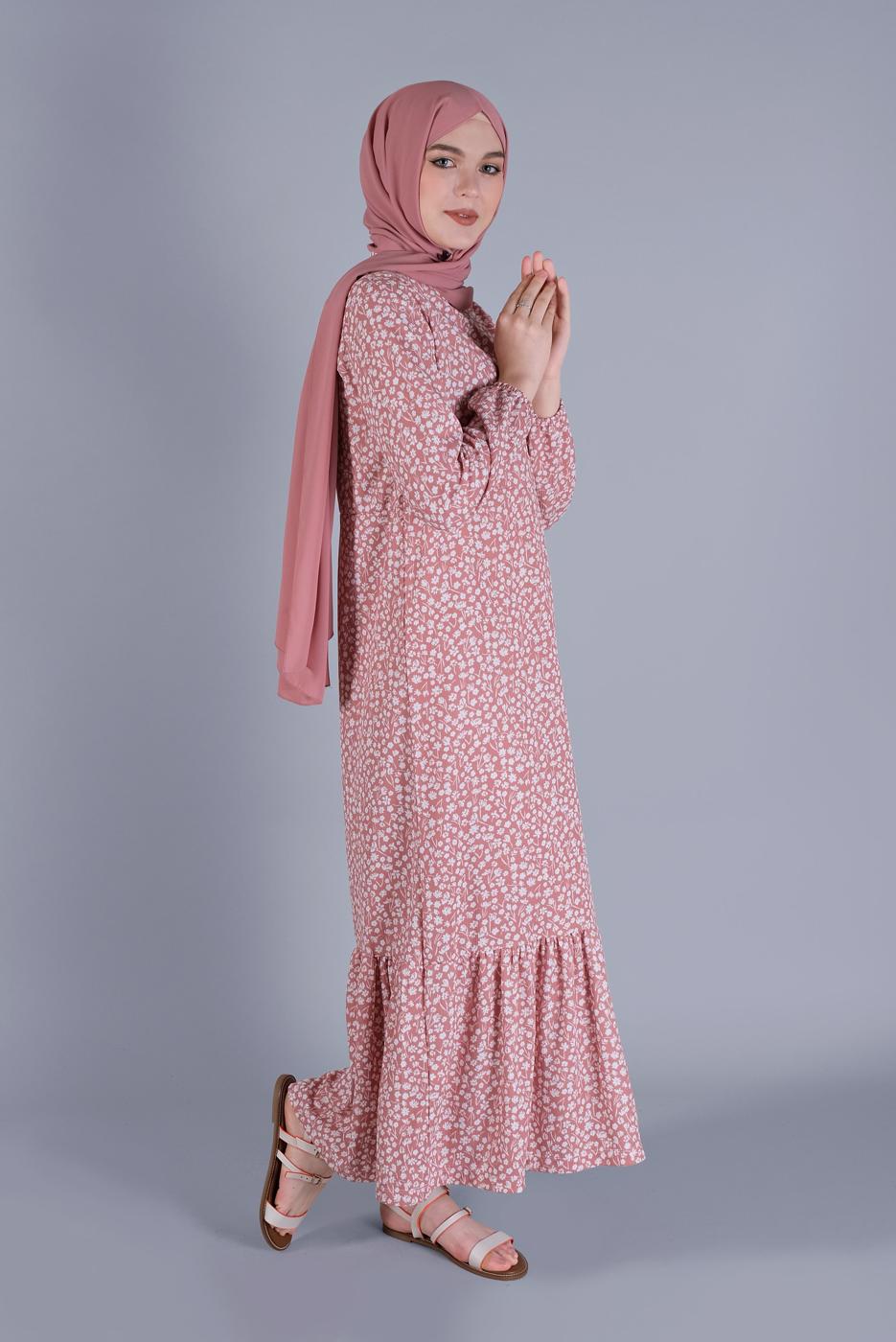 Tesettür giyim PUDRA KÜÇÜK ÇİÇEKLİ ETEK UCU VOLANLI ELBİSE 4076 