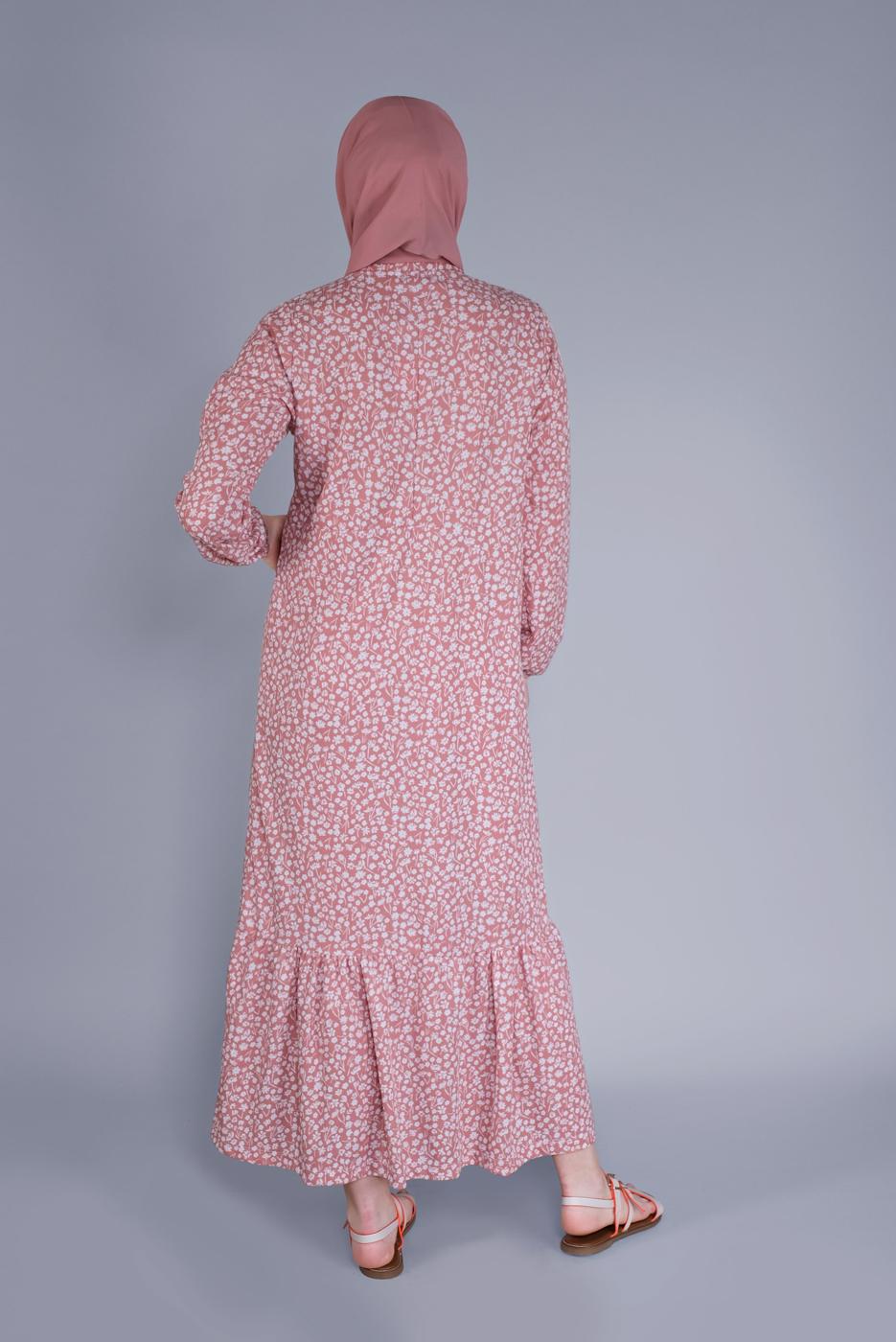 Tesettür giyim PUDRA KÜÇÜK ÇİÇEKLİ ETEK UCU VOLANLI ELBİSE 4076 