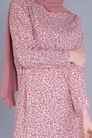 Tesettür giyim PUDRA KÜÇÜK ÇİÇEKLİ ETEK UCU VOLANLI ELBİSE 4076 