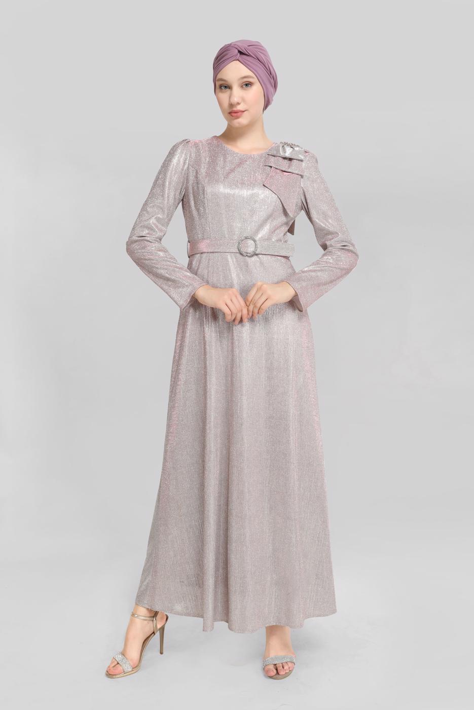 Tesettür giyim PUDRA ALVİNA FİYONK DETAYLI ELBİSE T 40769