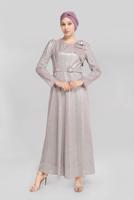 Tesettür giyim PUDRA ALVİNA FİYONK DETAYLI ELBİSE T 40769