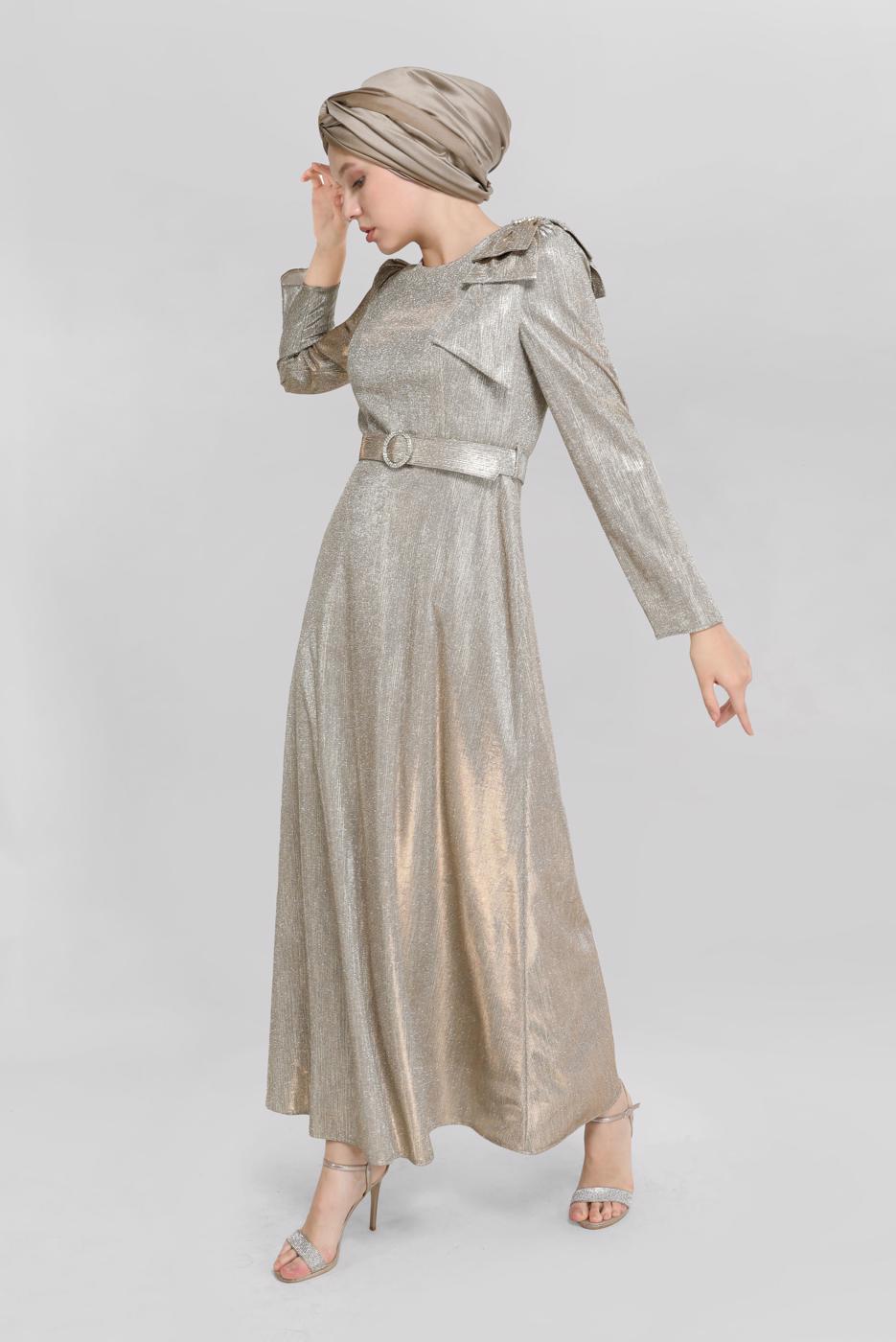 Tesettür giyim VİZON ALVİNA FİYONK DETAYLI ELBİSE T 40769