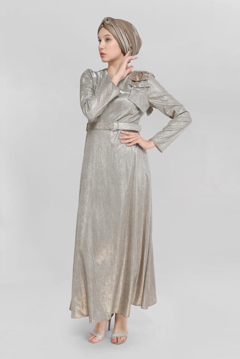 Tesettür giyim VİZON ALVİNA FİYONK DETAYLI ELBİSE T 40769