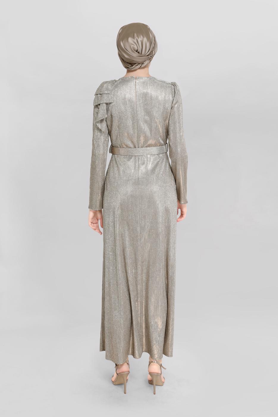 Tesettür giyim VİZON ALVİNA FİYONK DETAYLI ELBİSE T 40769