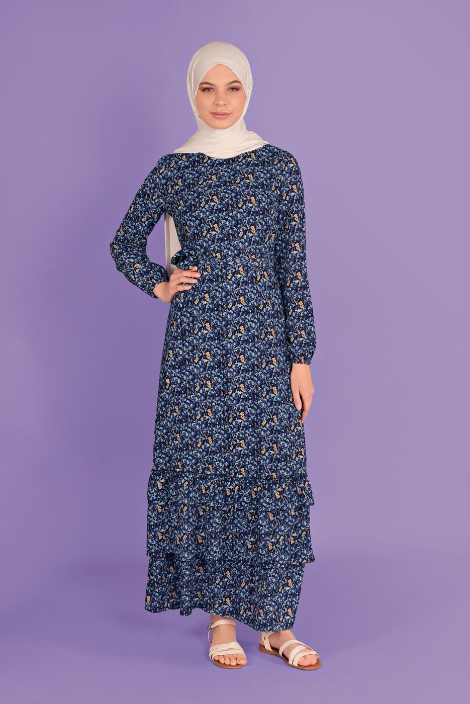 Tesettür giyim MAVİ DESENLİ ELBİSE T 40813