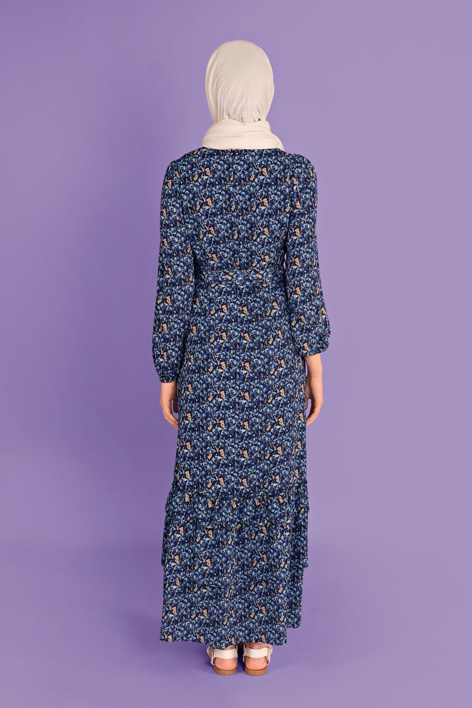 Tesettür giyim MAVİ DESENLİ ELBİSE T 40813