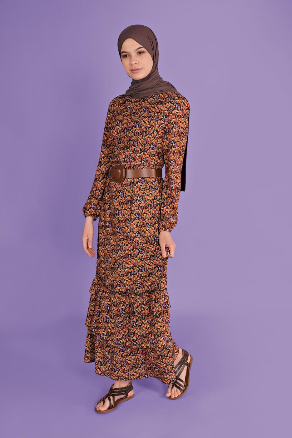 Tesettür giyim TURUNCU DESENLİ ELBİSE T 40813