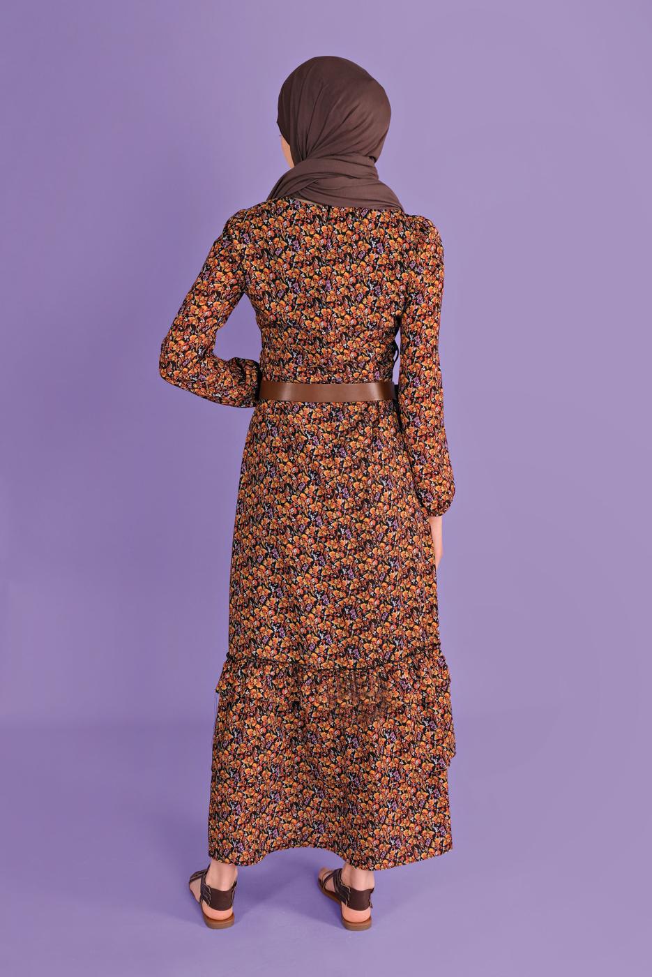 Tesettür giyim TURUNCU DESENLİ ELBİSE T 40813