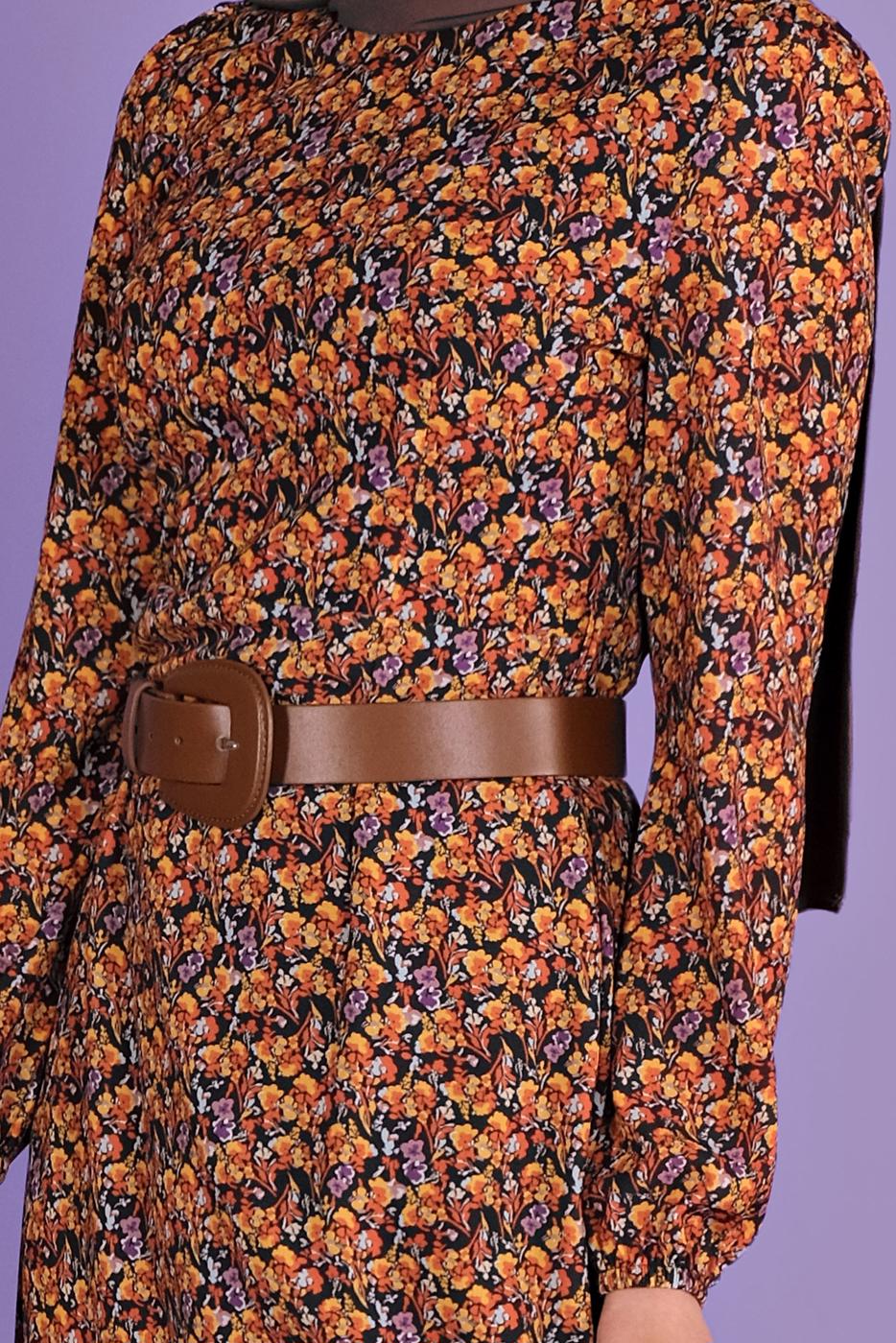 Tesettür giyim TURUNCU DESENLİ ELBİSE T 40813