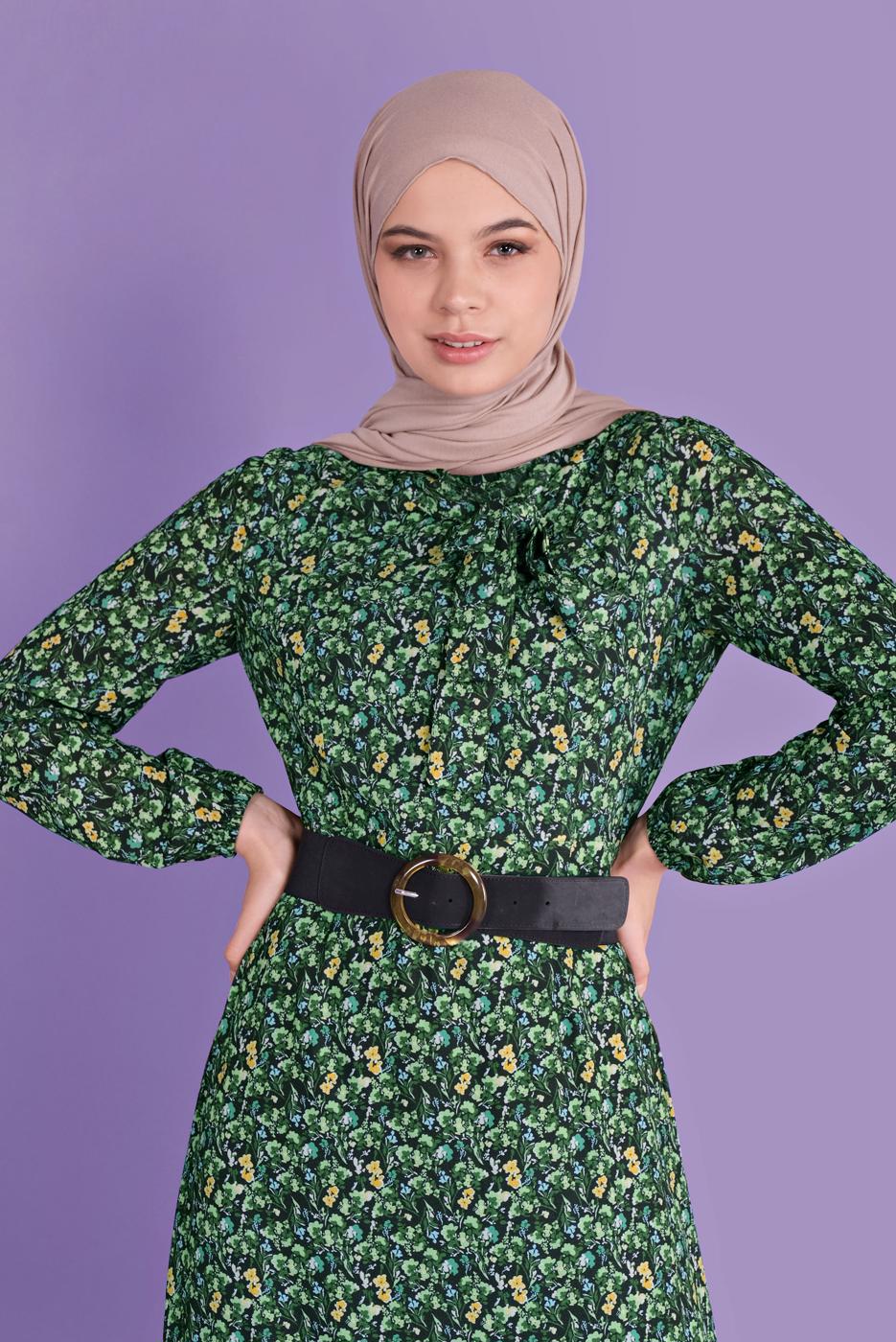 Tesettür giyim YEŞİL DESENLİ ELBİSE T 40813