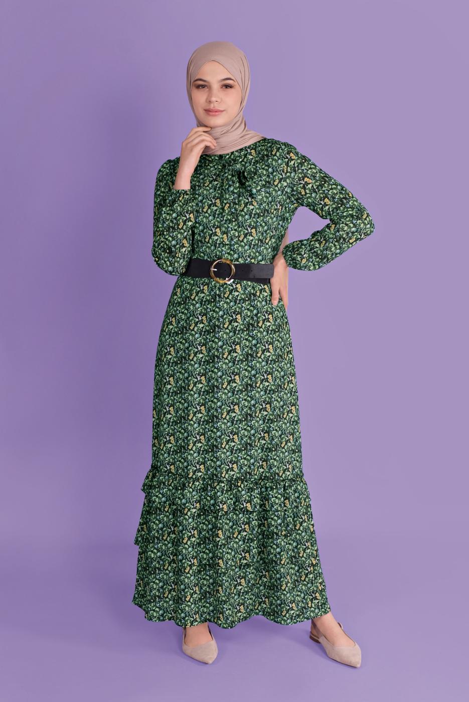 Tesettür giyim YEŞİL DESENLİ ELBİSE T 40813