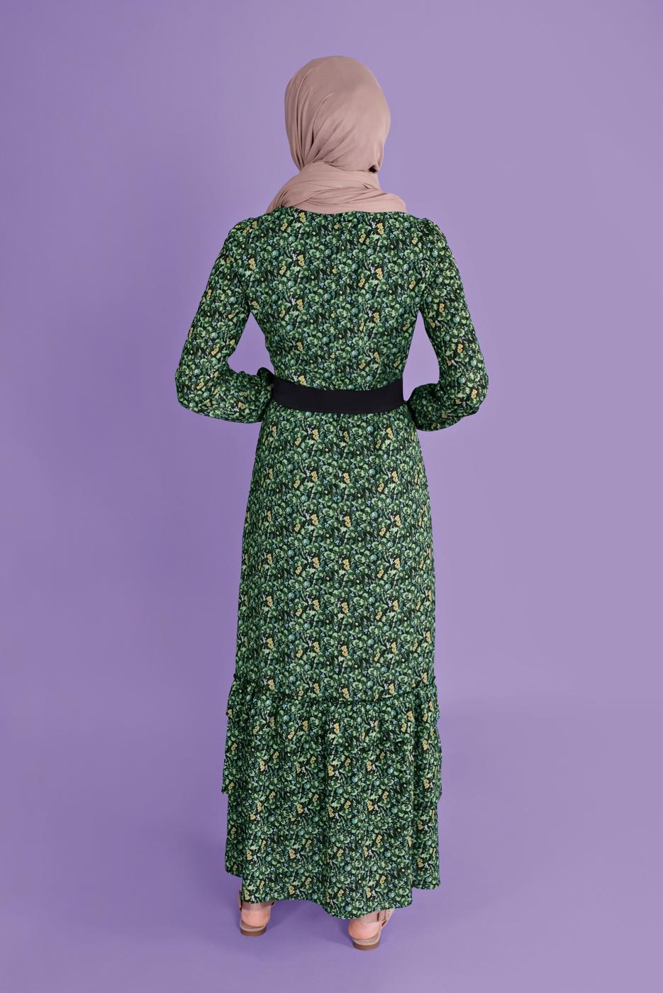 Tesettür giyim YEŞİL DESENLİ ELBİSE T 40813