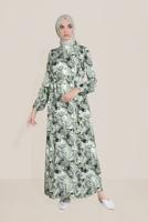 Tesettür giyim YEŞİL DESENLİ ELBİSE T 40814