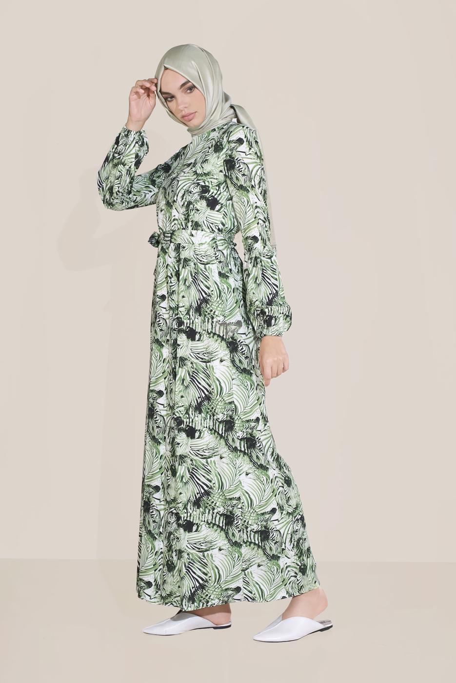 Tesettür giyim YEŞİL DESENLİ ELBİSE T 40814