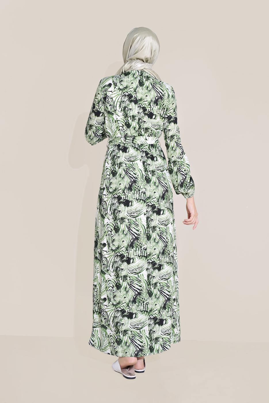 Tesettür giyim YEŞİL DESENLİ ELBİSE T 40814