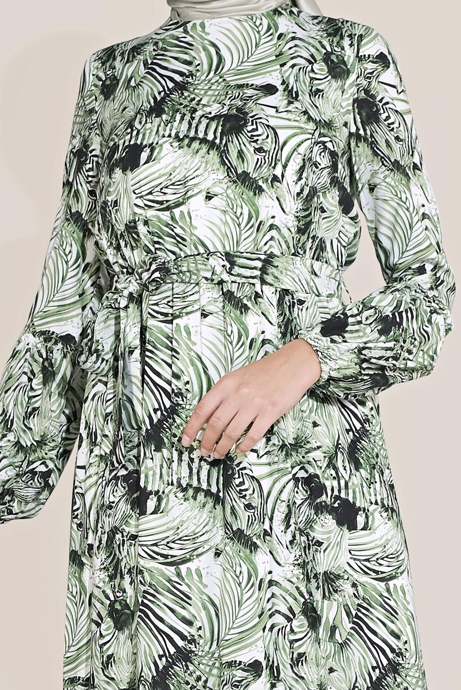 Tesettür giyim YEŞİL DESENLİ ELBİSE T 40814