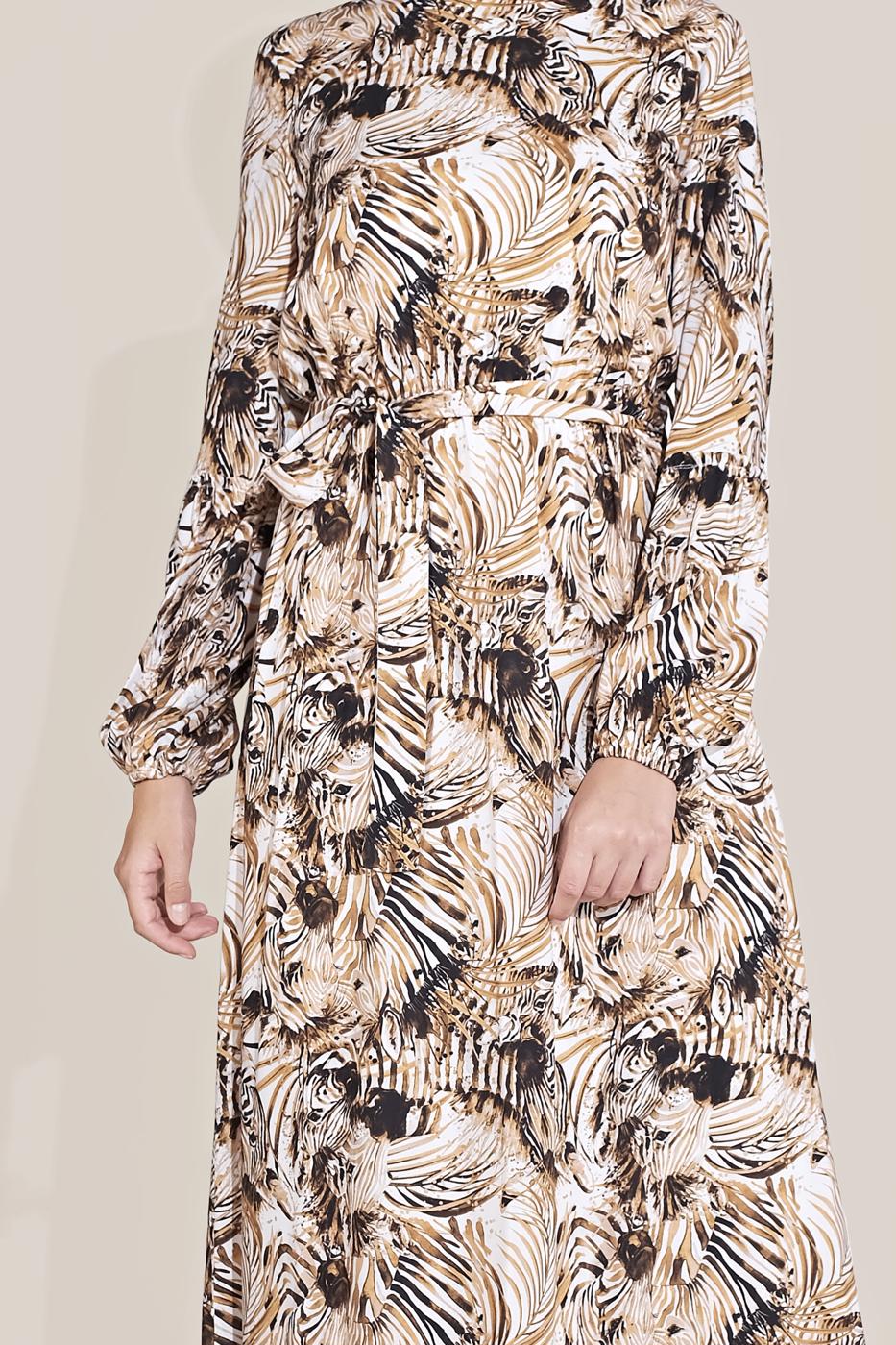 Tesettür giyim KAHVE DESENLİ ELBİSE T 40814