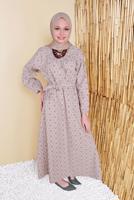 Tesettür giyim BEJ DESENLİ KUŞAKLI ELBİSE  4101 