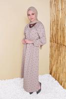 Tesettür giyim BEJ DESENLİ KUŞAKLI ELBİSE  4101 
