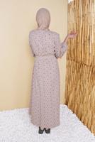 Tesettür giyim BEJ DESENLİ KUŞAKLI ELBİSE  4101 