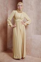 Tesettür giyim BEJ ALVİNA DANTEL DETAYLI DÜĞMELİ ELBİSE T 41509