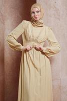 Tesettür giyim BEJ ALVİNA DANTEL DETAYLI DÜĞMELİ ELBİSE T 41509