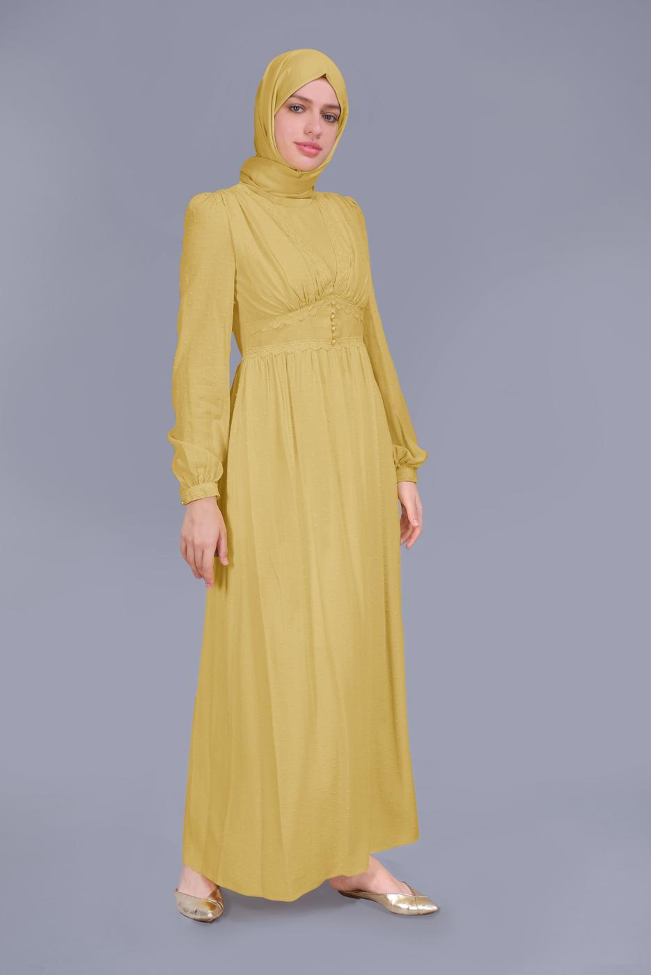 Tesettür giyim SARI ALVİNA DANTEL DETAYLI DÜĞMELİ ELBİSE T 41509