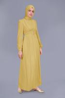 Tesettür giyim SARI ALVİNA DANTEL DETAYLI DÜĞMELİ ELBİSE T 41509