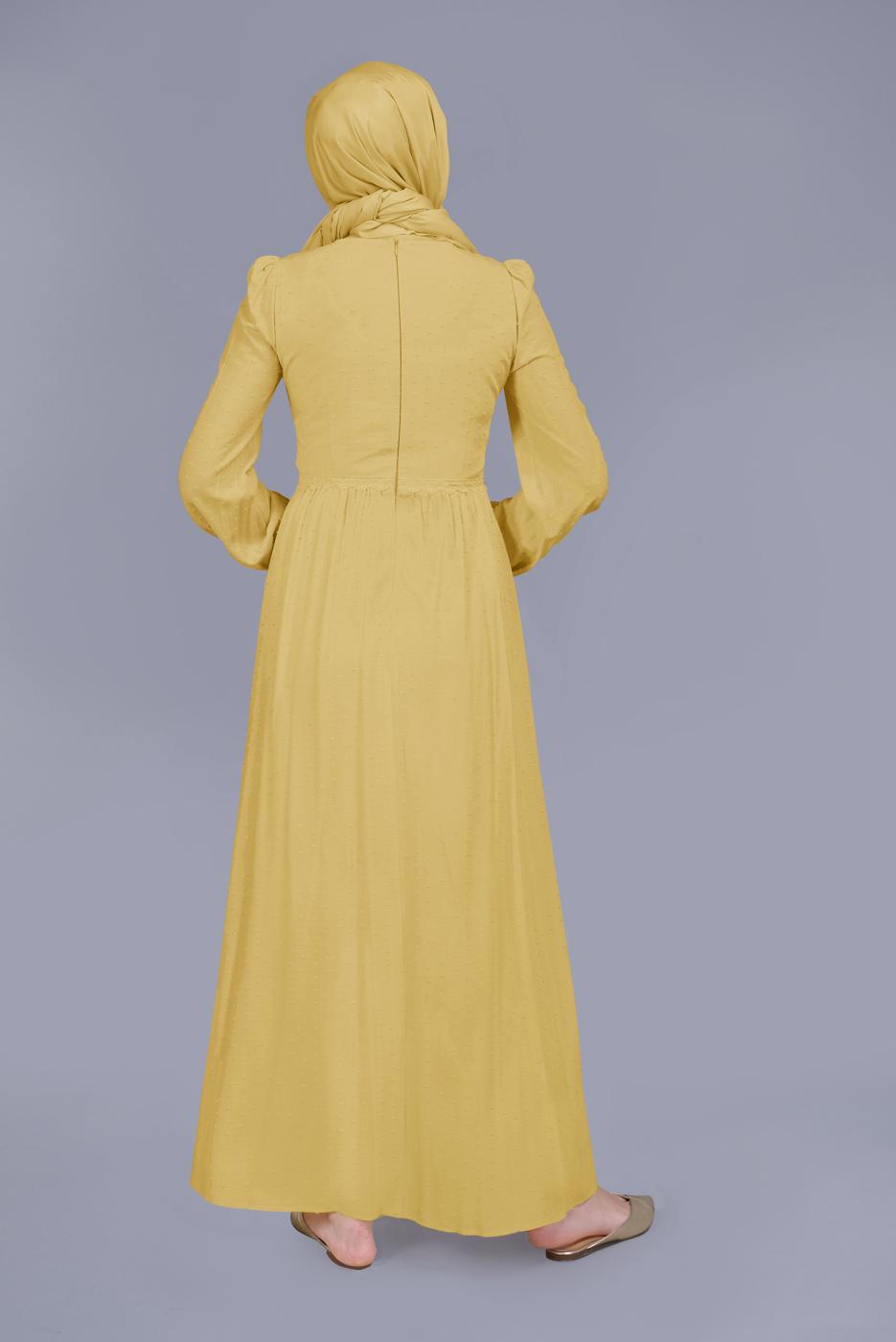 Tesettür giyim SARI ALVİNA DANTEL DETAYLI DÜĞMELİ ELBİSE T 41509