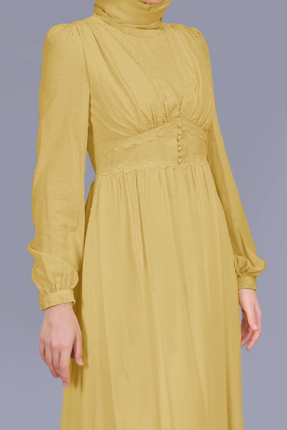 Tesettür giyim SARI ALVİNA DANTEL DETAYLI DÜĞMELİ ELBİSE T 41509