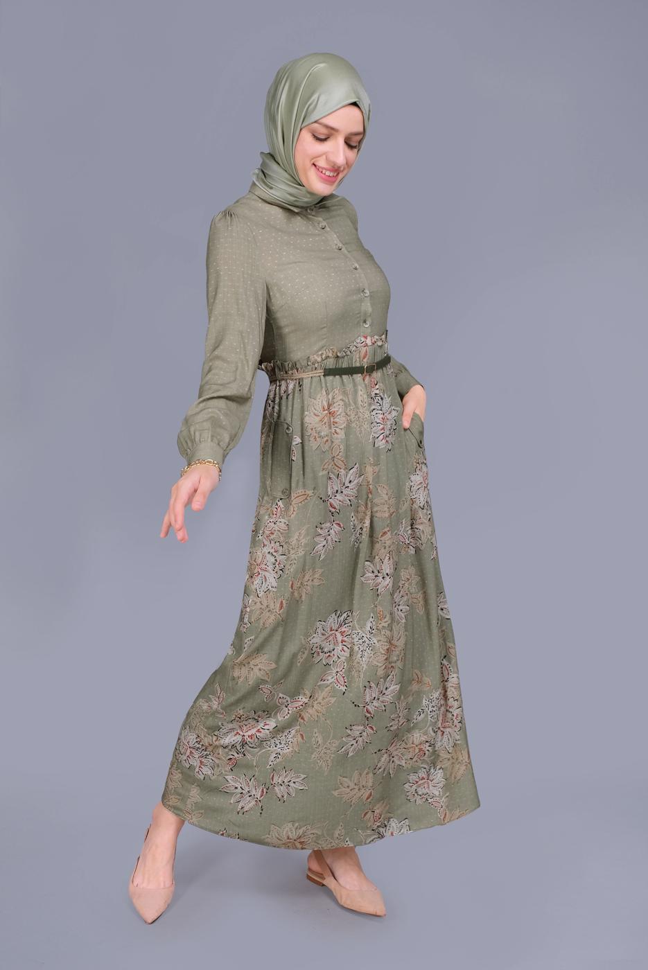 Tesettür giyim HAKİ ALVİNA ÇİÇEKLİ FERMUARLI ELBİSE T 41549