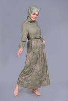 Tesettür giyim HAKİ ALVİNA ÇİÇEKLİ FERMUARLI ELBİSE T 41549