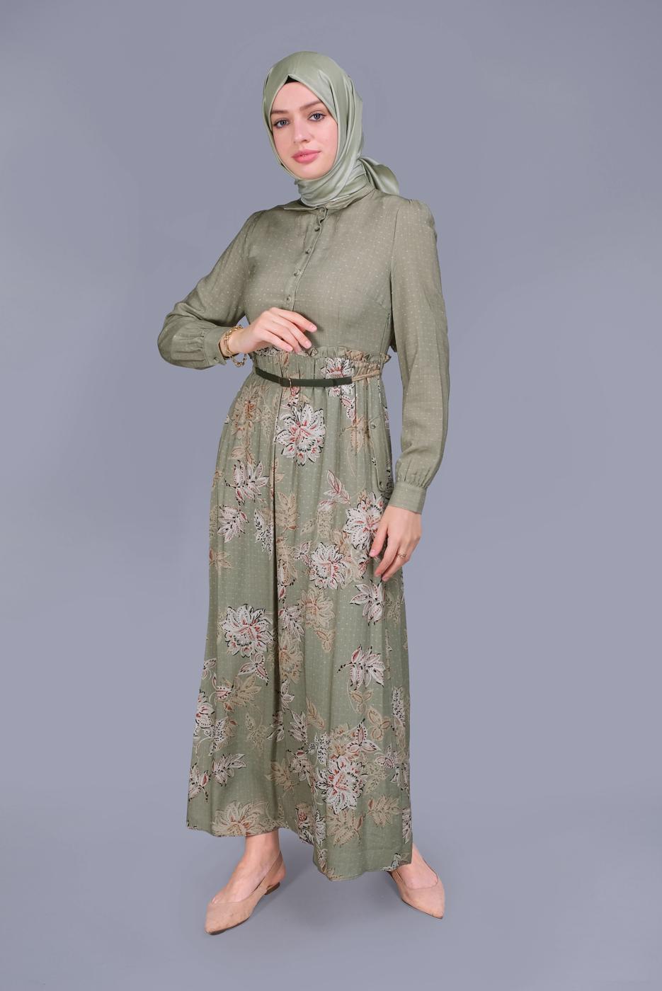 Tesettür giyim HAKİ ALVİNA ÇİÇEKLİ FERMUARLI ELBİSE T 41549