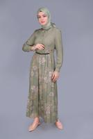 Tesettür giyim HAKİ ALVİNA ÇİÇEKLİ FERMUARLI ELBİSE T 41549