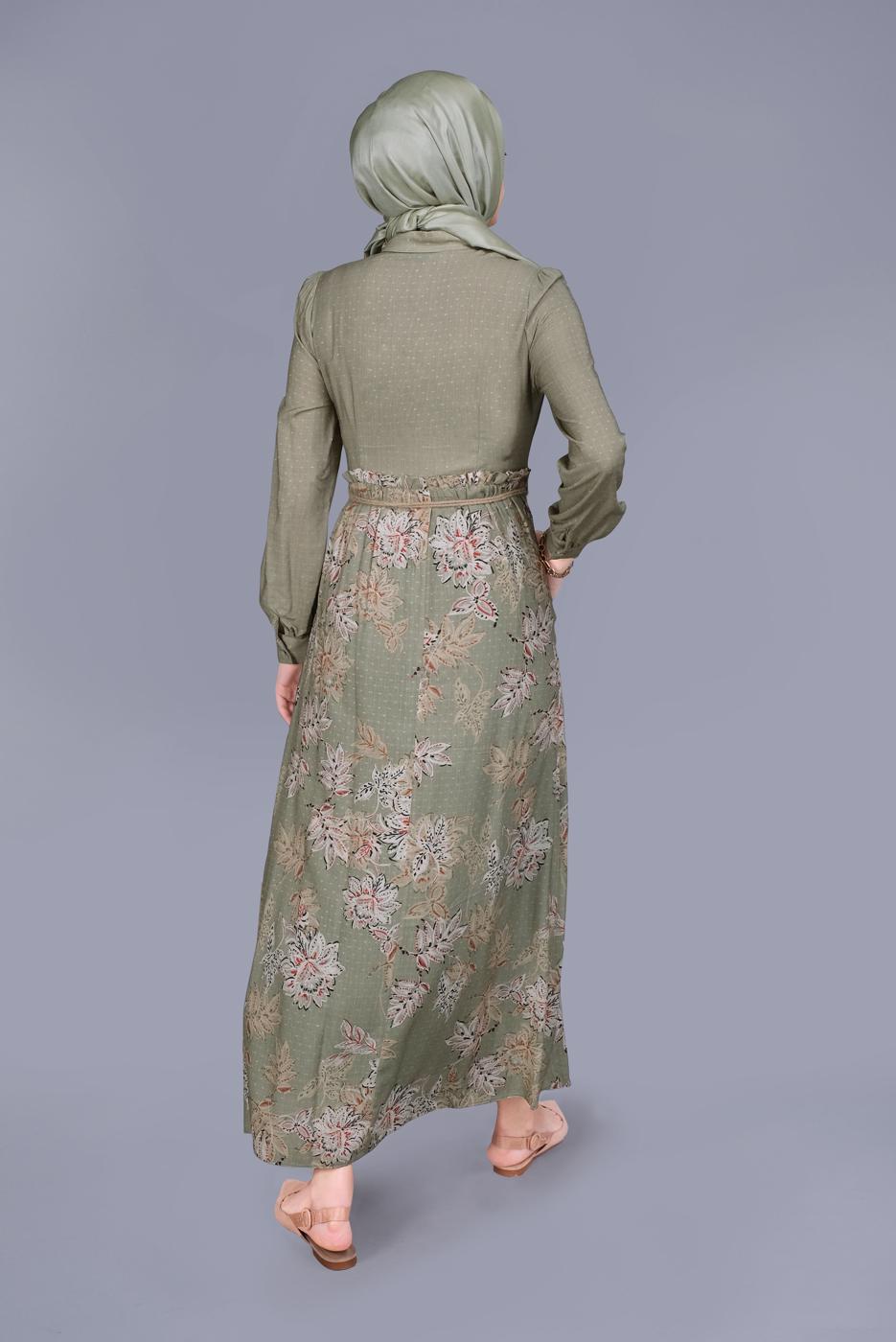 Tesettür giyim HAKİ ALVİNA ÇİÇEKLİ FERMUARLI ELBİSE T 41549