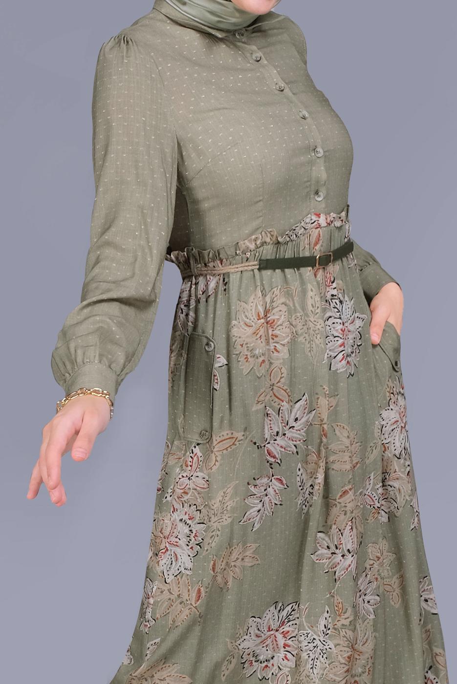 Tesettür giyim HAKİ ALVİNA ÇİÇEKLİ FERMUARLI ELBİSE T 41549